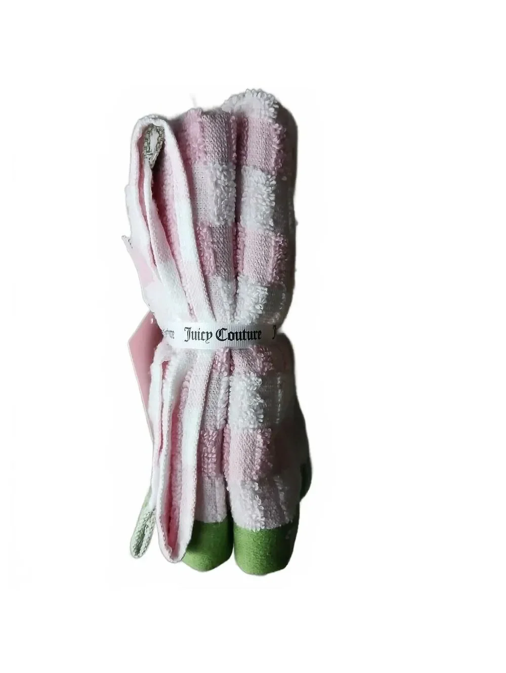 Juicy Couture Pink White Green Checkered 2 Pack Cotton Hand Towels 16x26 NWT